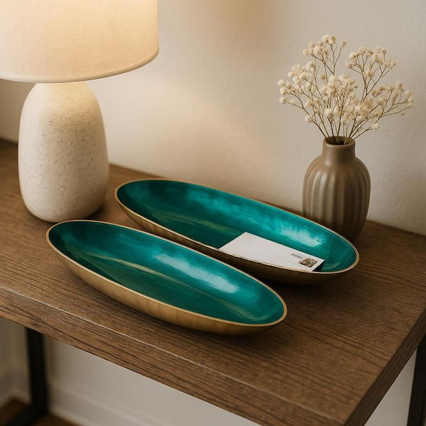 20 in. and 23 in. Blue/Gold Metal Oval Enamel Decorative Bowls (Set of 2)