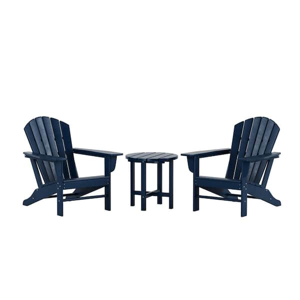 Mason Navy Blue 3-Piece Poly Plastic Outdoor Patio Classic Adirondack Fire Pit Chair Set With 2-Chairs and Side Table