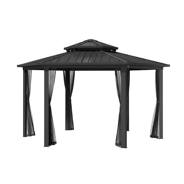 Mondawe 15 ft. x 15 ft. Hexagon Outdoor Aluminum Frame Patio Gazebo Canopy Shelter with Iron Double Hardtop Pavilion Netting