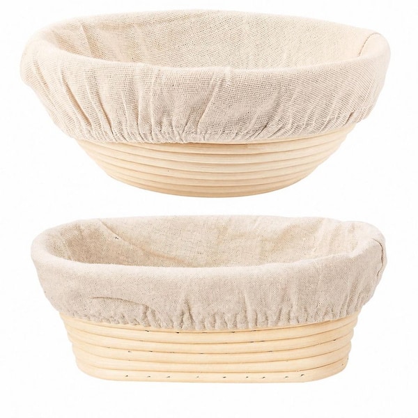 Beige Rattan Bread Proofing Basket 2-Piece Set, Round and Oval Banneton Bowls with Liner for Sourdough