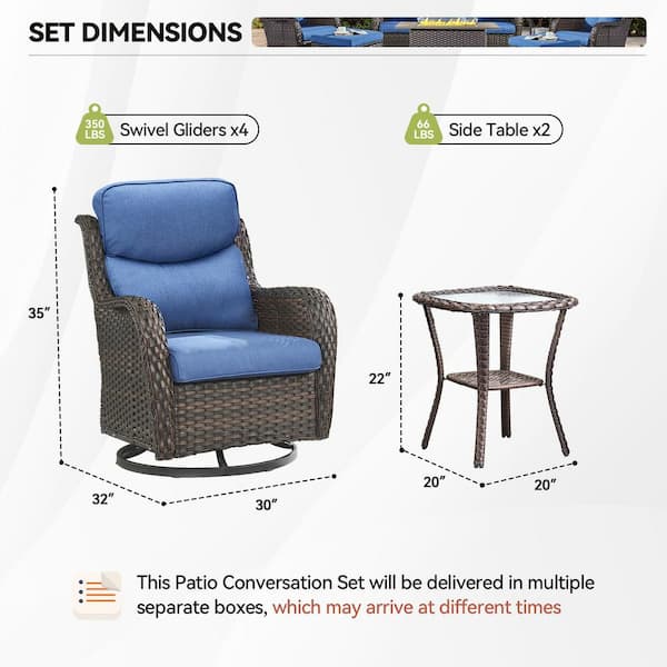 Luxury 6-Piece Brown Wicker Patio Conversation Set with Olefin Blue Cushions and Swivel Glides/Side Tables