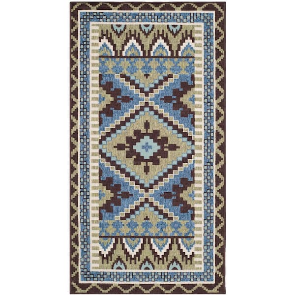 Veranda Green/Chocolate 2 ft. x 4 ft. Southwestern Tribal Indoor/Outdoor Area Rug