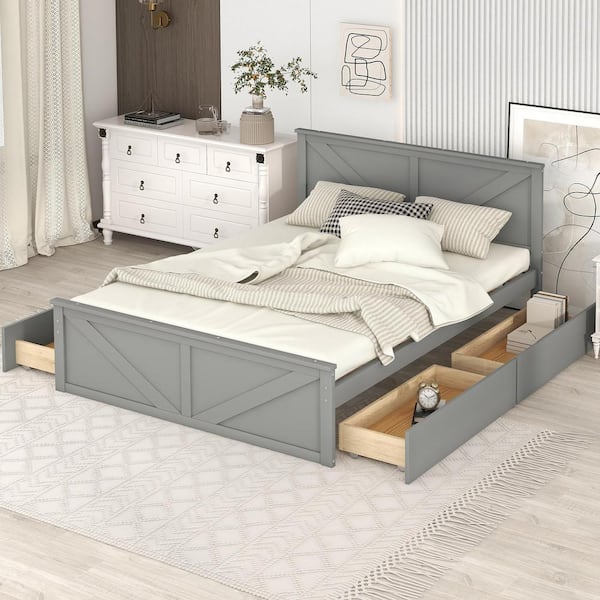 Harper & Bright Designs Gray Wood Frame Queen Size Platform Bed with Four Storage Drawers