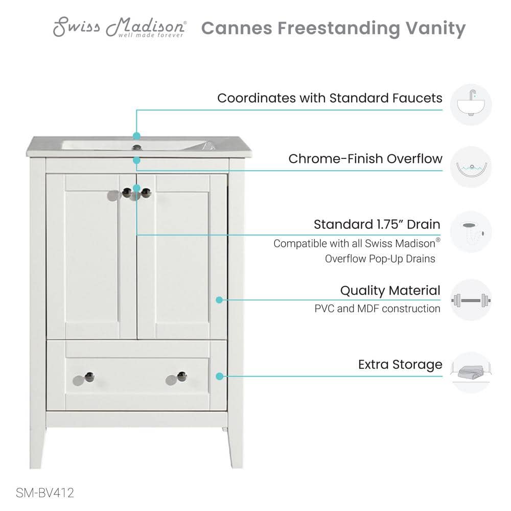 Cannes 24" Glossy White Modern Freestanding Single Sink Vanity