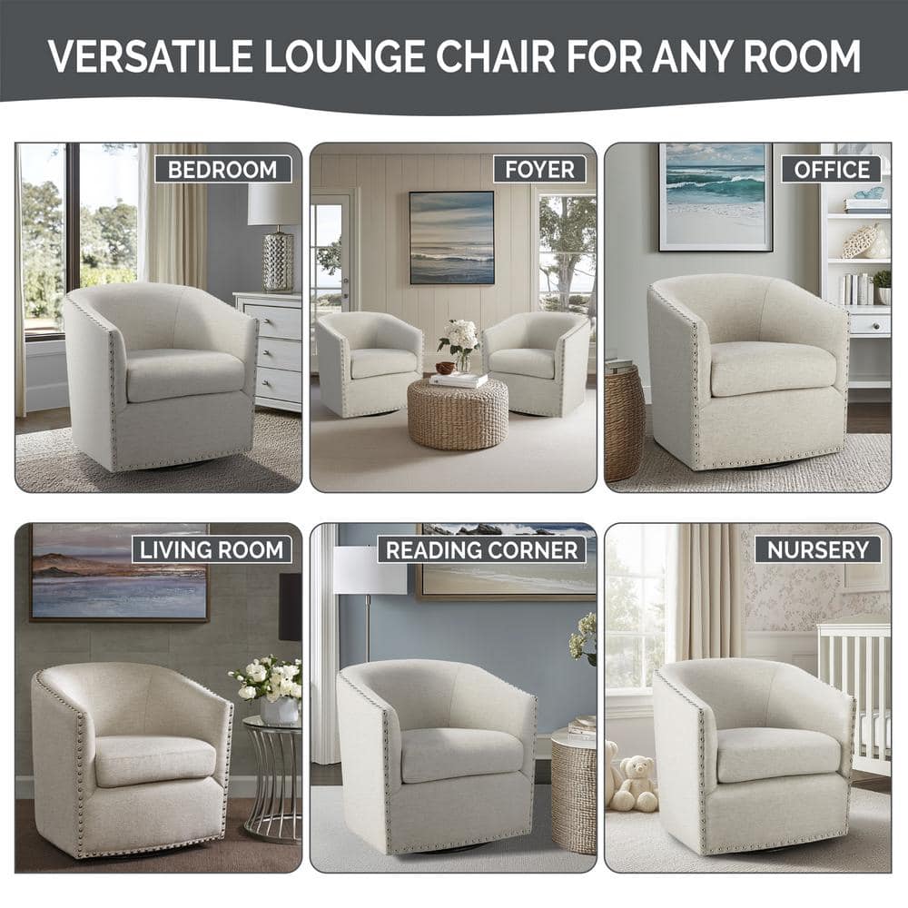 Elegant Gray Barrel Swivel Lounge Chair with Silver Nailheads