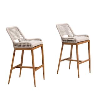 Modern Aluminum Plaid Wicker Woven Counter Height Outdoor Bar Stool with Back and Cushion (2-Pack)