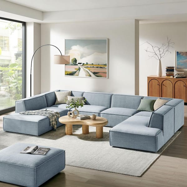 Restore Fabric Upholstered 6-Piece Modular U-Shaped Sectional Sofa in Sky Blue