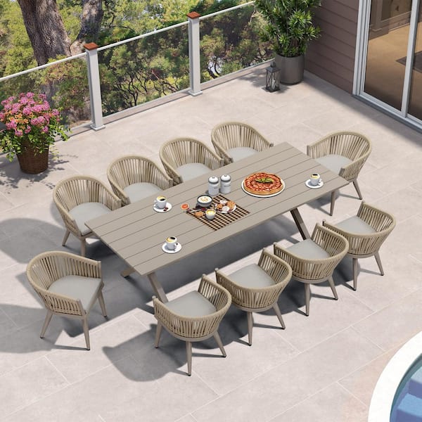 PURPLE LEAF 11 Piece Aluminum All-Weather PE Rattan Rectangular Outdoor Dining Set with Cushion, Champagne