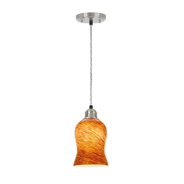 Photo 1 of 1-Light Satin Nickel Pendant with Amber Art Glass Shade