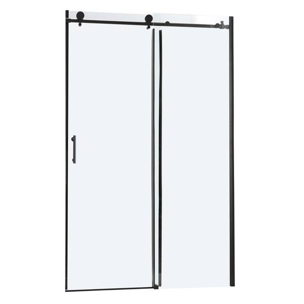 LORDEAR 48 in. W x 76 in. H Frameless Single Sliding Shower Door/Enclosure in Matte Black with Clear Glass