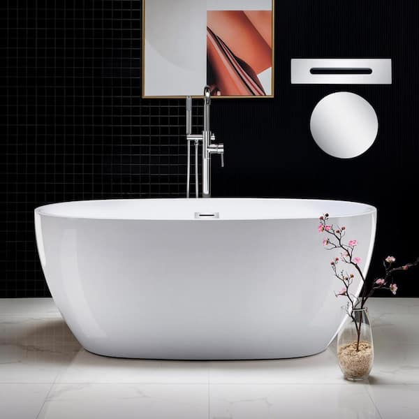 WOODBRIDGE Rouen 59 in. Acrylic FlatBottom Double Ended Bathtub with Chrome Overflow and Drain Included in White
