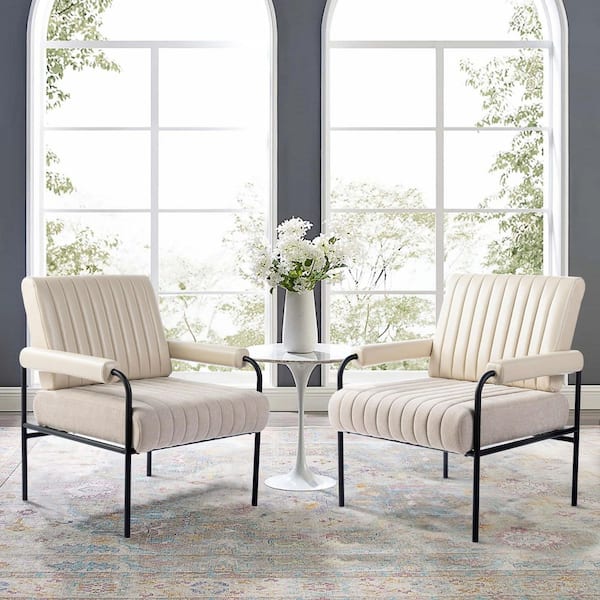 Glitzhome Mid-Century Modern Beige Leatherette and Fabric Combination Armchair With Black Metal Frame and Padded Arms (Set of 2)