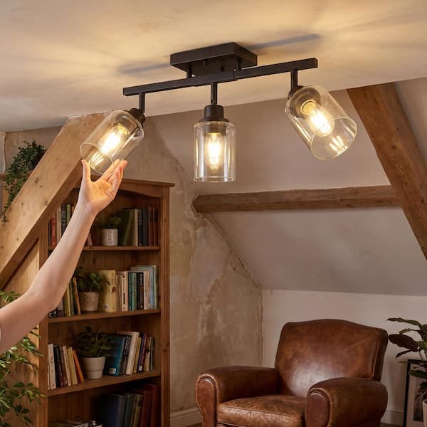 Farmhouse 3-Light Adjustable Track Ceiling Light – Wood Base, Black Metal, Rustic Industrial Style