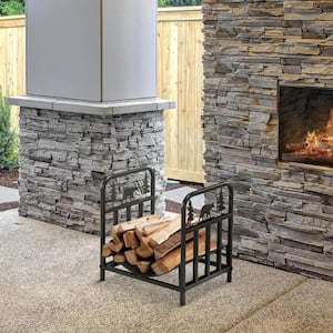 Indoor Outdoor Firewood Holder Firewood Rack with Bear and Tree Theme for Fireplace, Wood Stove, Hearth, Fire Pit, Black