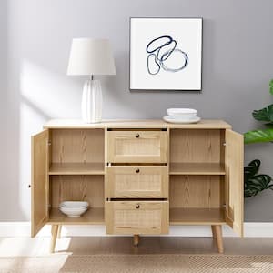 Natural Wood and Rattan Boho Sideboard with 2-Doors and 3-Drawers