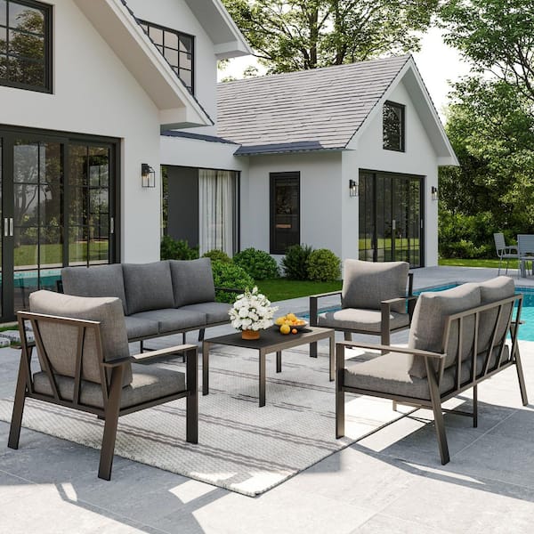 Poteban Gray Aluminum Frame 5-Piece 7-Person Outdoor Conversation Set with Gray Cushions