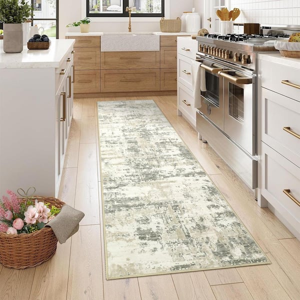Modern Abstract Low Pile Soft Thin Carpet Washable for Bedroom Living Room Laundry Office Beige, 2 ft. x 6 ft. Area Rug