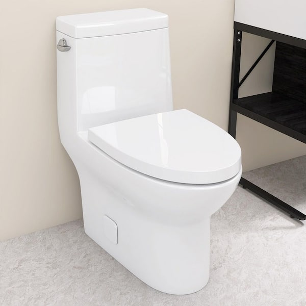 1-Piece Toilet 1.28 GPF Water-Efficient Single Flush Round 16.5 in. Toilet in White Soft Close Toilet Seat Included