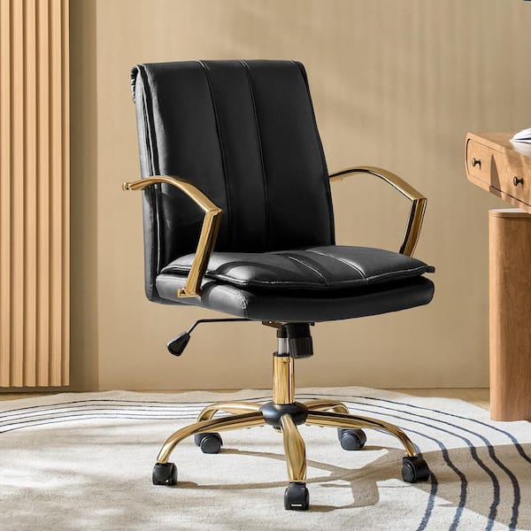 Carlos Genuine Leather Swivel Office Chair in Black with Armrests