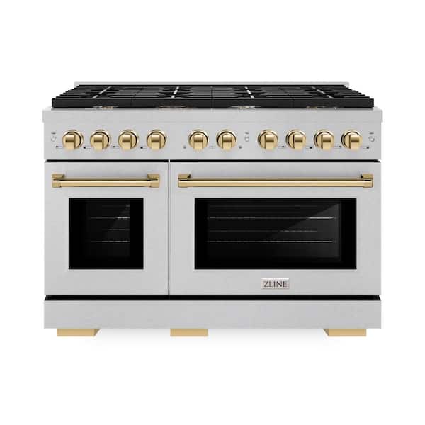ZLINE Kitchen and Bath Autograph 48 in. Paramount Double Oven Gas Range with 8 Burner Cooktop in Satin Steel and Polished Gold Accents