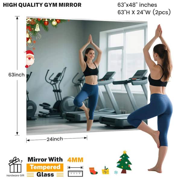 2 Pieces 24 in. W x 63 in. H Rectangle Frameless Wall-Mounted HD Gym Mirror Dance Mirror Vanity Mirror