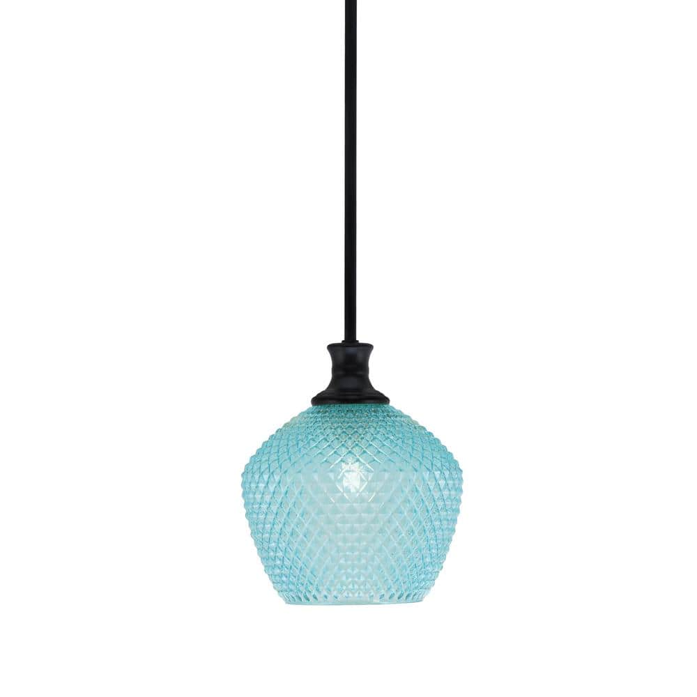 Tyler 60-Watt 1-Light Matte Black Stem Mini Pendant Light with Turquoise Te