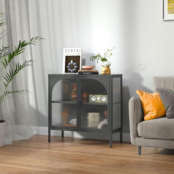 Glamour Home Benoît Black Steel 31. 57 in. Sideboard with 2-Fluted Clear Doors