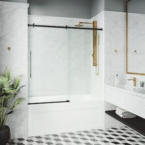 Luca 56 to 60 in. W x 58 in. H Sliding Frameless Tub Door in Matte Black with Clear Glass