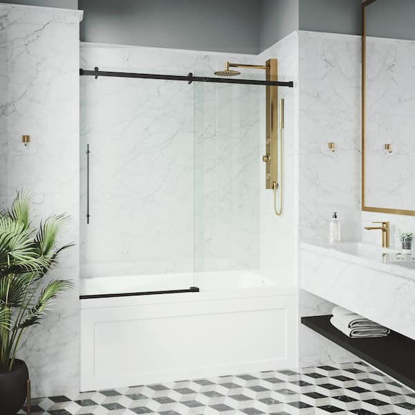 VIGO Luca 56 to 60 in. W x 58 in. H Sliding Frameless Tub Door in Matte Black with 3/8 in. (10mm) Clear Glass