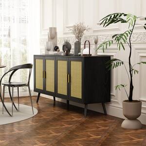 Black & Yellow 30.7 in. Height Storage Cabinet, Sideboard, Entertainment Center with 4 Shelves & Rattan Weaving Doors