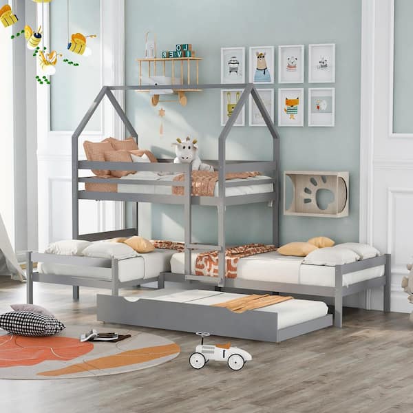 JASMODER Twin over Twin over Twin Triple Bed Bunk bed with Trundle, Wooden House Bed with Twin size Trundle - Gray