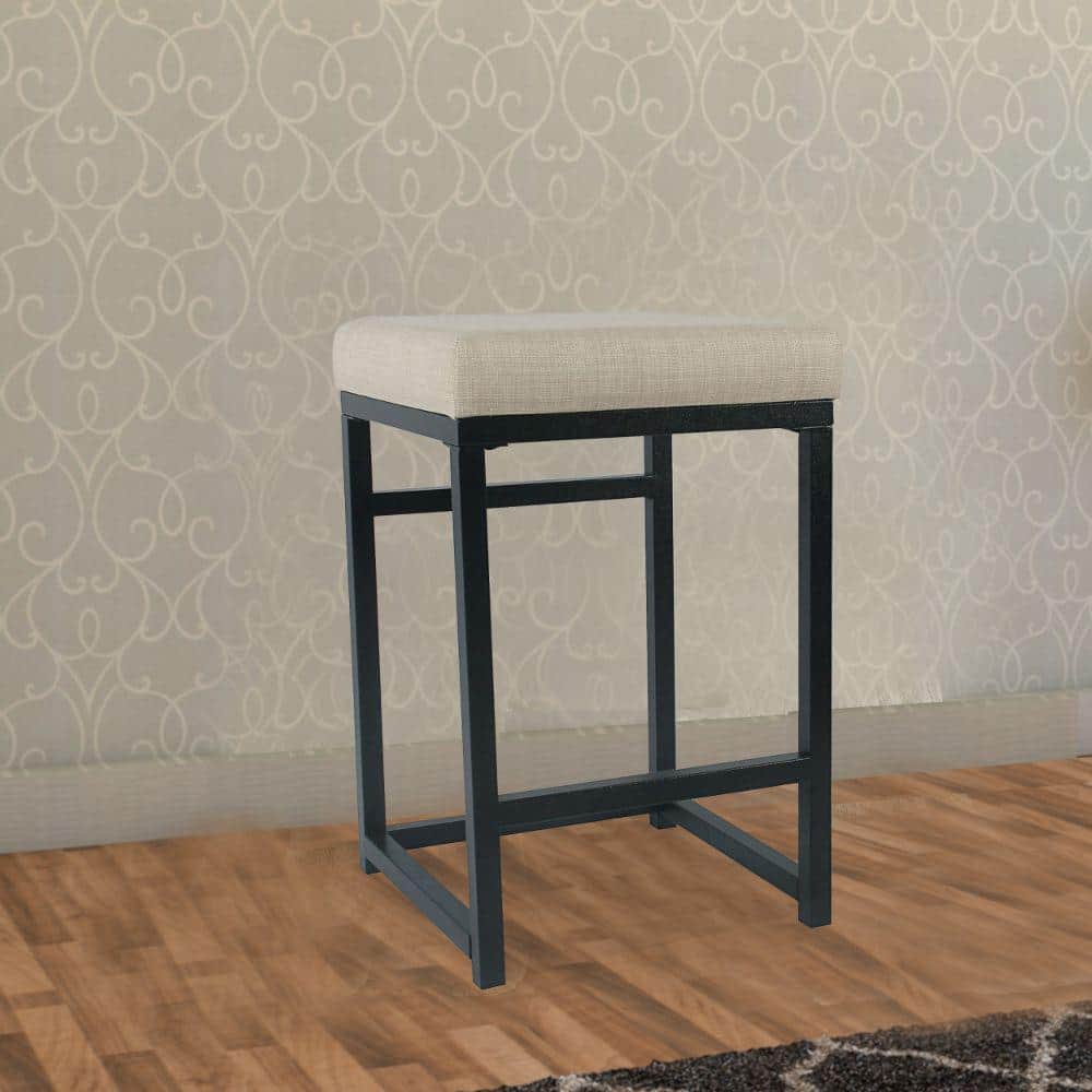 Elegant Black Metal and Wood Backless Counter Stool with Fabric Seat