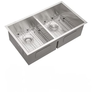 28 in. x 19 in. Undermount Kitchen Bar Sink, 16 Gauge with Two 10 in. Deep Basin in Brushed Nickel