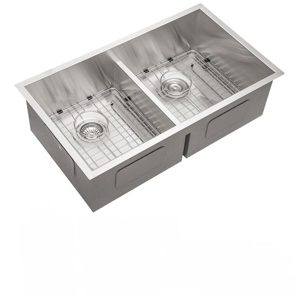Unbranded 28 in. x 19 in. Undermount Kitchen Bar Sink, 16 Gauge with Two 10 in. Deep Basin in Brushed Nickel