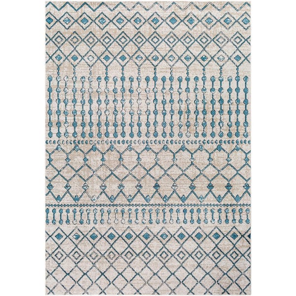 Livabliss Eastman Aqua/Grey 5 ft. x 7 ft. Global Indoor Machine-Washable Area Rug