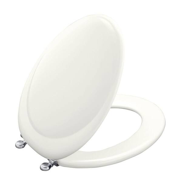 KOHLER Revival Elongated Closed-front Toilet Seat with Brushed Chrome Hinge in White-DISCONTINUED