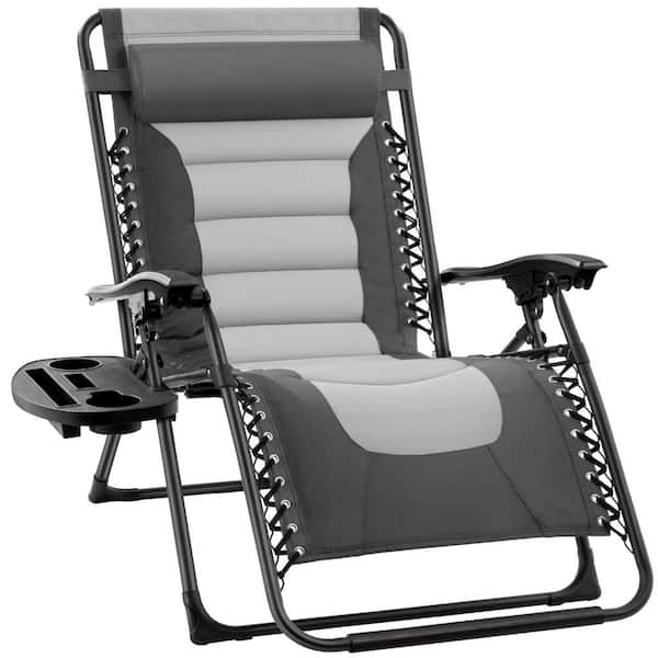 Best Choice Products Oversized Padded Zero Gravity Gray/Light Gray Metal Reclining Outdoor Lawn Chair with Side Tray