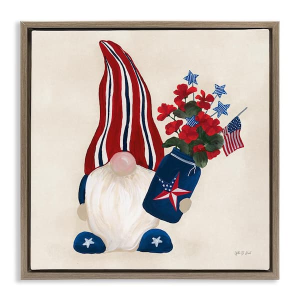 Stupell Industries Patriotic Gnome & Flowers by Yvette St. Amant Brown Floater Frame Nature Graphic Art Print 25 in. x 25 in.