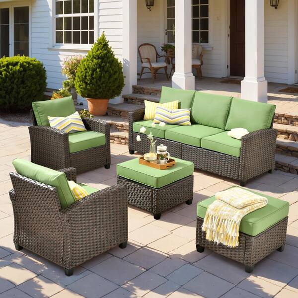 Caodoc Serena Grey 5-Piece Outdoor Patio Furniture Wicker Conversation Sofa Seating Set with Ottoman and Green Cushion