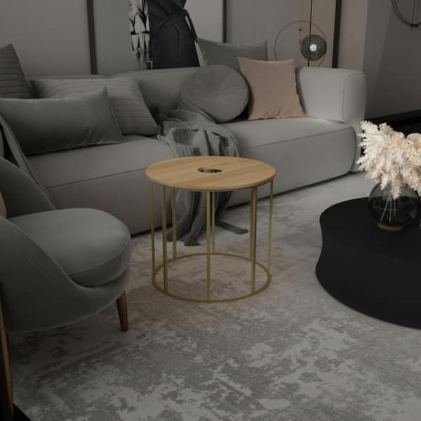 THE URBAN PORT 19 in. Brown and Brass Round Wood End/Side Table with Brass Finished Open Frame Design