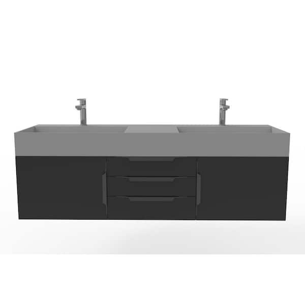 castellousa Maranon 60 in. W x 19 in. D x 19.25 in. H Double Floating Bath Vanity in Matte Black with Black, Solid Surface Gray Top