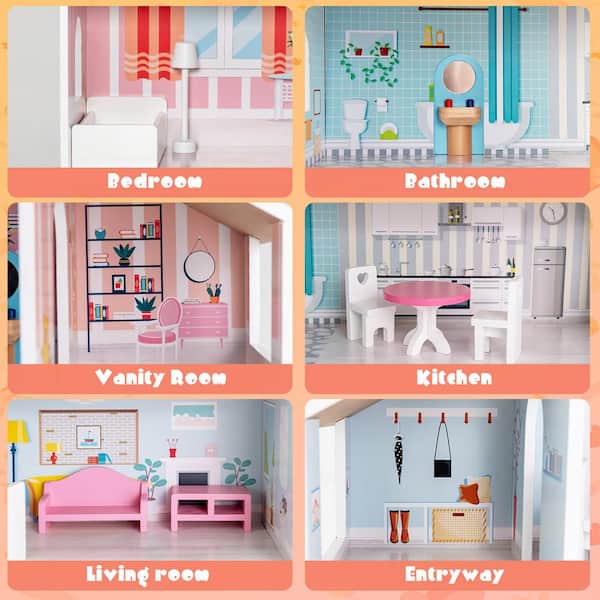 Costway Wooden Dollhouse For Kids 3-Tier Toddler Doll House with Furniture Gift For Age 3 Plus TP10039 - The Home Depot