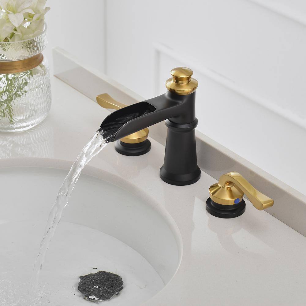 8-Inch Black and Gold Waterfall Widespread Bathroom Faucet