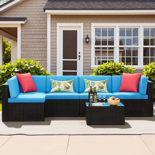 6-Pieces Wicker Patio Conversation Set Outdoor Rattan Sofa with Glass Coffee Table and Blue Cushions