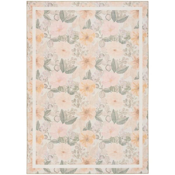 Botanical Washables Beige Multicolor 8 ft. x 10 ft. Floral Contemporary Area Rug