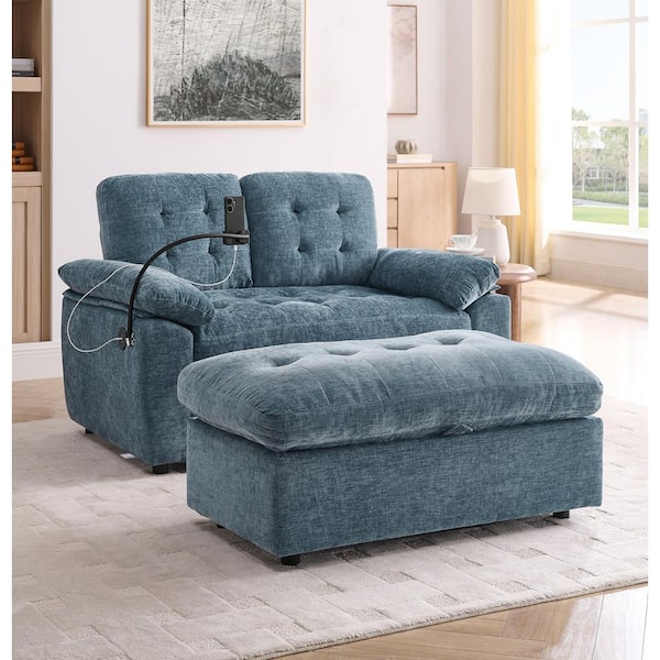 Quenby Blue 56 in. Chenille Arm Chair with Manually Adjustable Backrest, Charging Port, Phone Stand, Ottoman