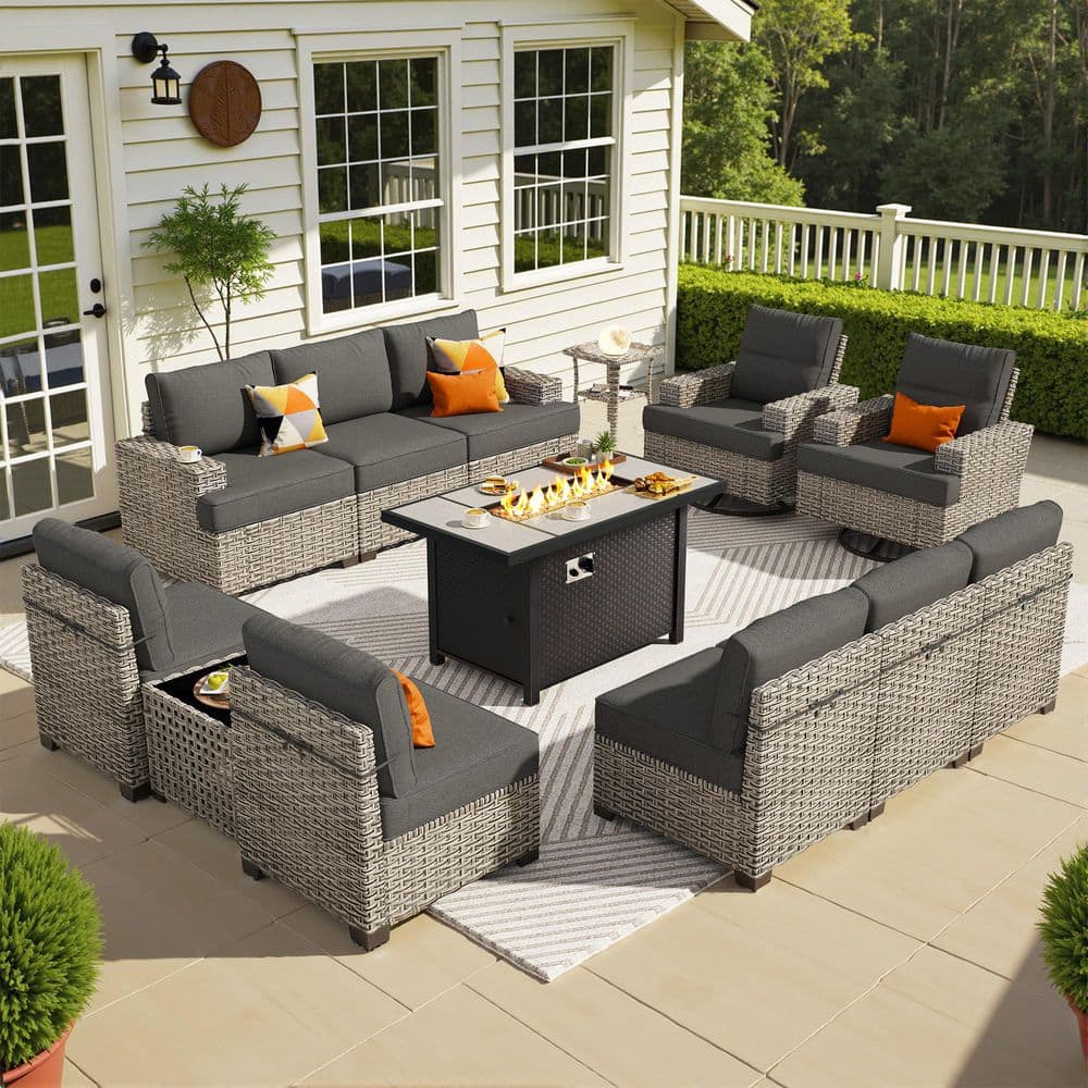 Butterfly 13 Pieces Wicker Outdoor Patio Rectangular Fire Pit Set and Swivel Rocking Chairs with Black Cushions price history on PriceWatchPro