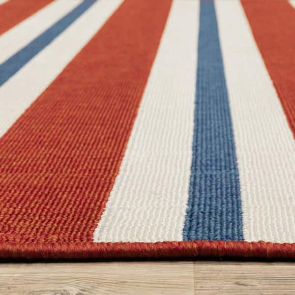 Red, Ivory 8 ft. x 8 ft. Loomed Geometric Polypropylene Round Indoor/Outdoor Area Rug