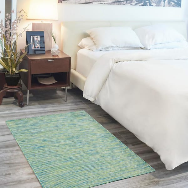 Positano Blue/Green 3 ft. x 5 ft. Solid Contemporary Indoor/Outdoor Patio Kitchen Area Rug
