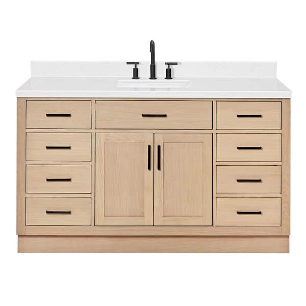 Hepburn 60 in. Single Sink Freestanding Bathroom Vanity in Oak with Carrara White Quartz Top